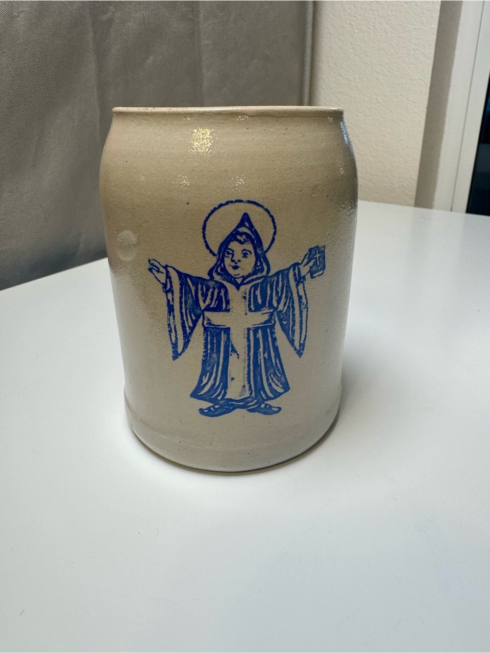 German 1910-1930 Blue and Cream Ceramic Crock with Munic Child, Angels Among Us